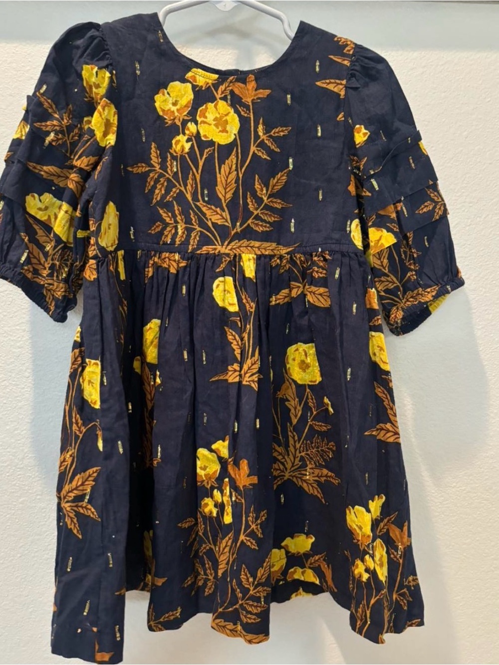 Pink Chicken Navy Dress with Yellow Floral Print